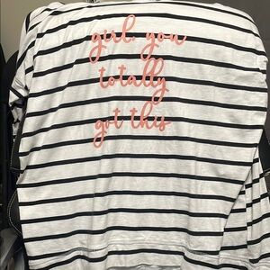 Striped Black and White Shirt with Pink Text